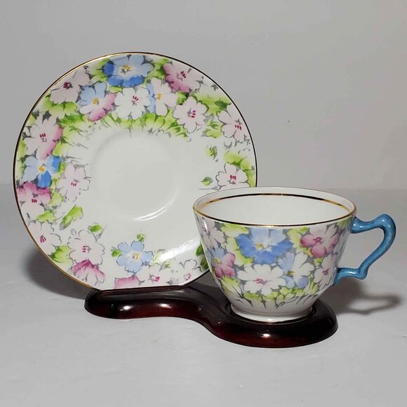 Crown Staffordshire Teacup and Saucer Pink Blue Flowers - Picture 5 of 10